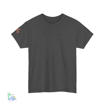 A plain gray t-shirt is shown against a black background.