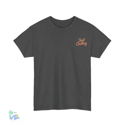 A gray t-shirt with the text "Just Chilling" printed on the left side.