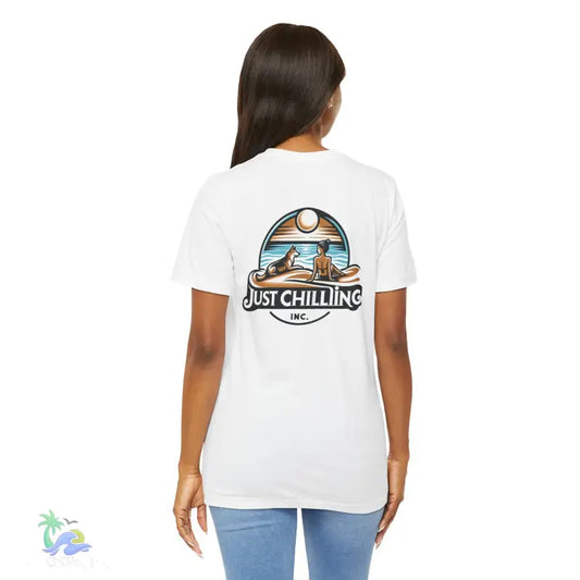 White t-shirt with beach scene graphic.