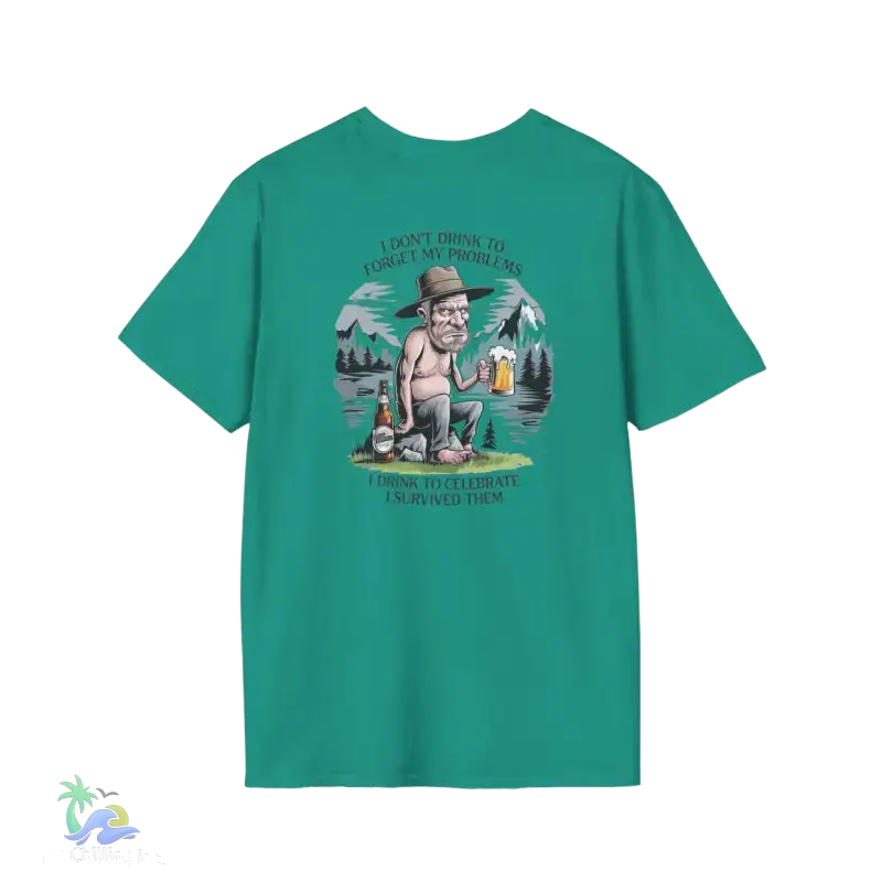 Green t-shirt with drinking cartoon.