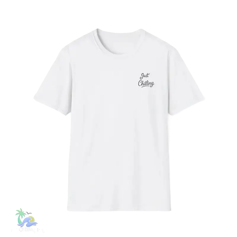 White t-shirt with ’Just Chilling’ text.