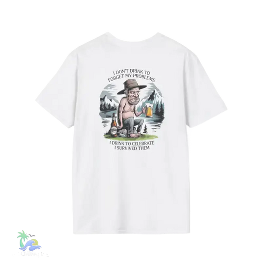 White t-shirt with humorous drinking graphic.