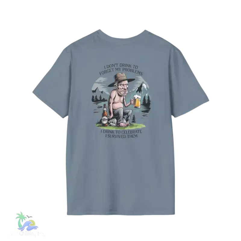 Blue t-shirt with a drinking-themed graphic.