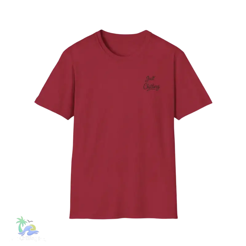 Maroon t-shirt.