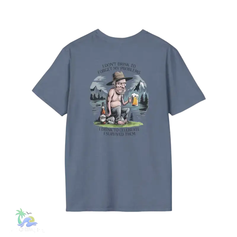 Blue t-shirt with cartoon graphic.