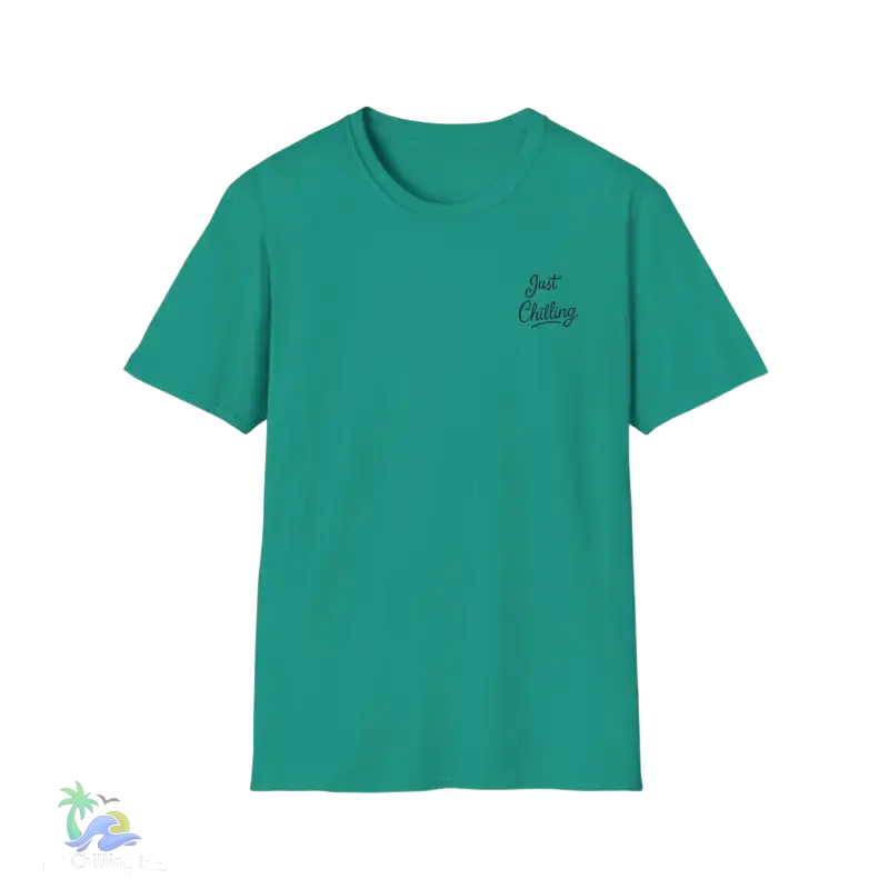Green t-shirt with ’Just Chilling’ text.
