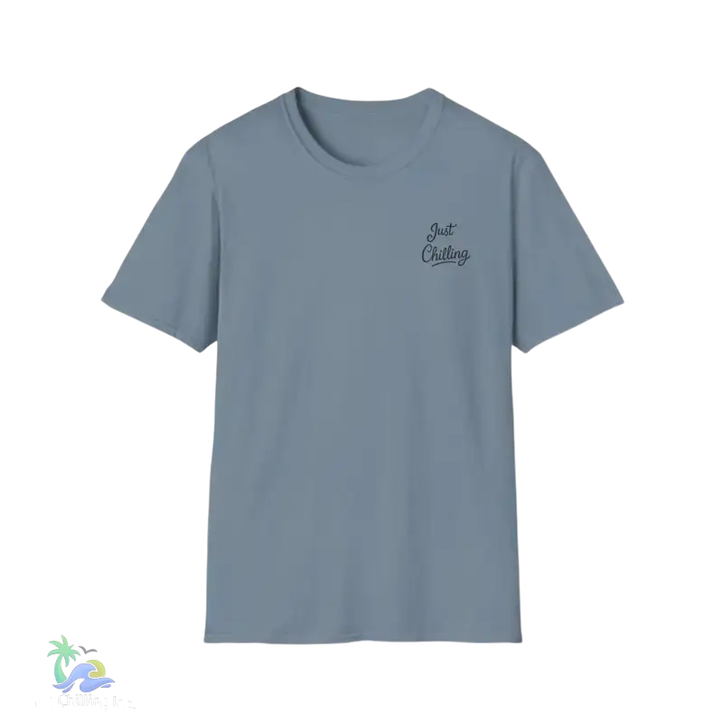 Blue t-shirt with ’Just Chilling’ text.