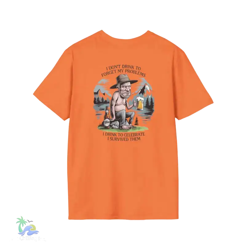 Orange t-shirt with cartoon graphic.