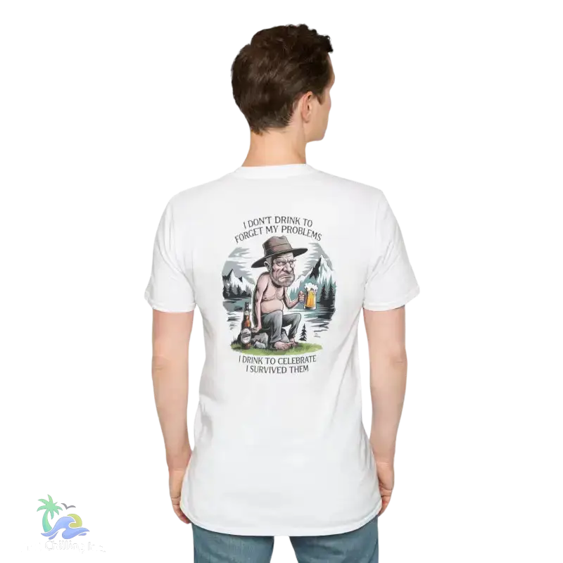White t-shirt with cartoon graphic.