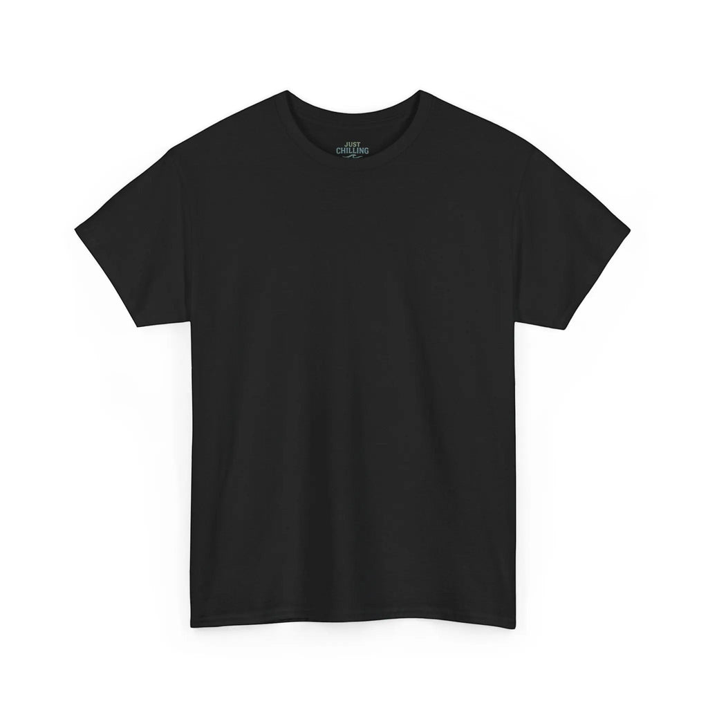 Just Chilling Shop black cotton t-shirt with a clean, minimalist front view and ribbed collar.