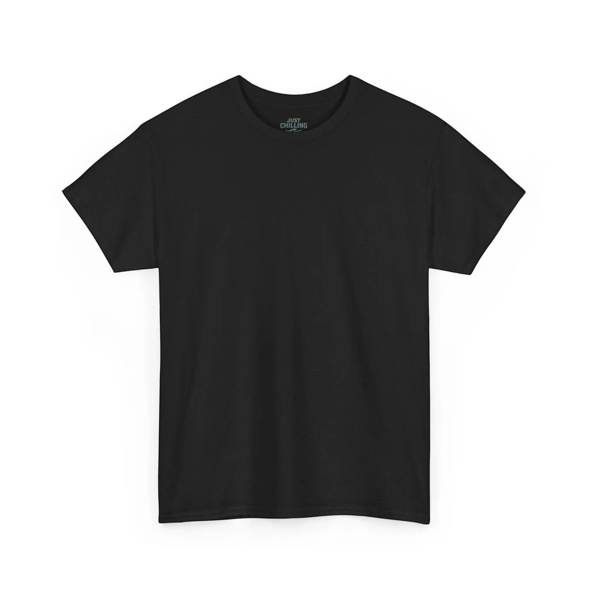 Just Chilling Shop black cotton t-shirt with a clean, minimalist front view and ribbed collar.
