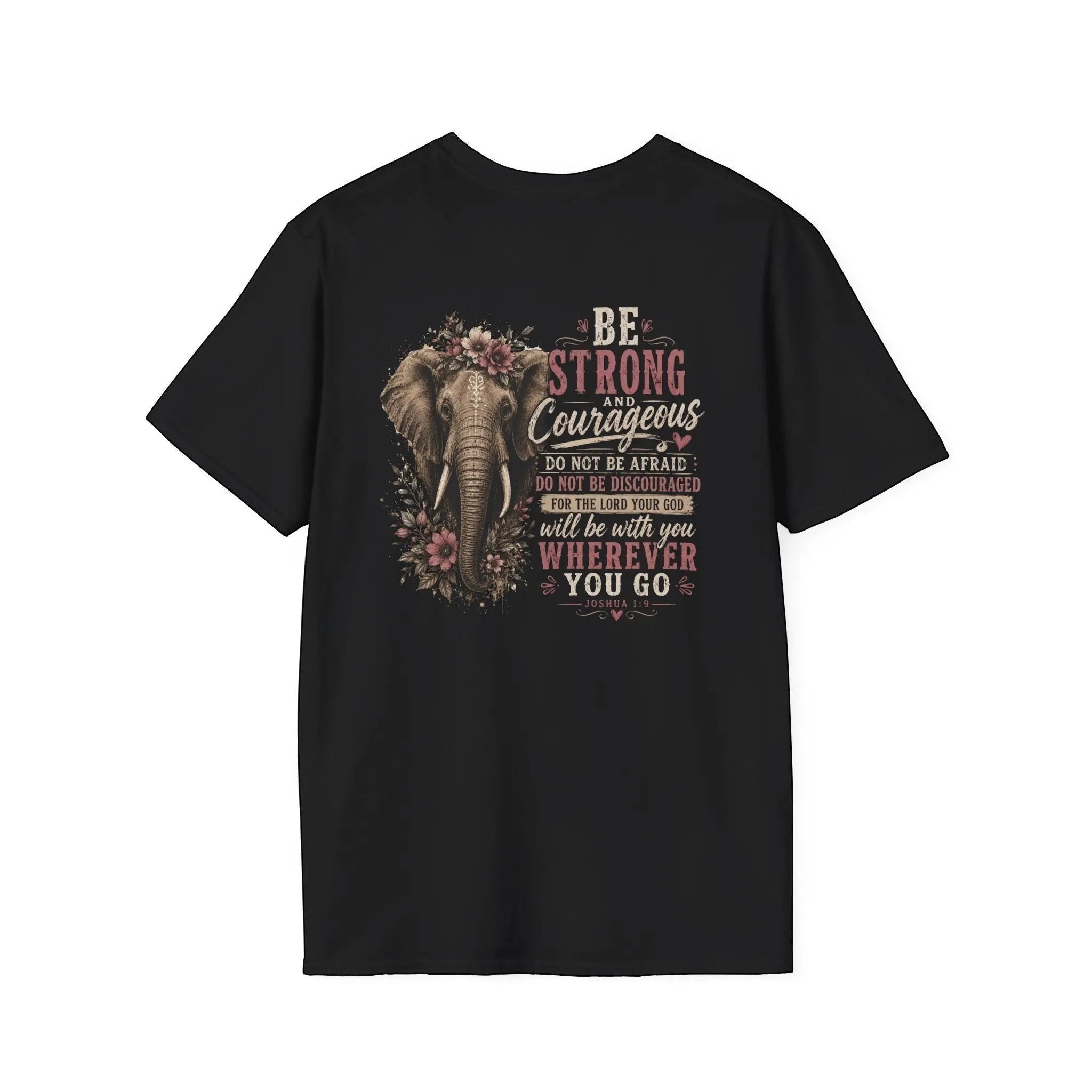 Just Chilling Shop black cotton t-shirt featuring a floral elephant graphic and inspirational Joshua 1:9 text