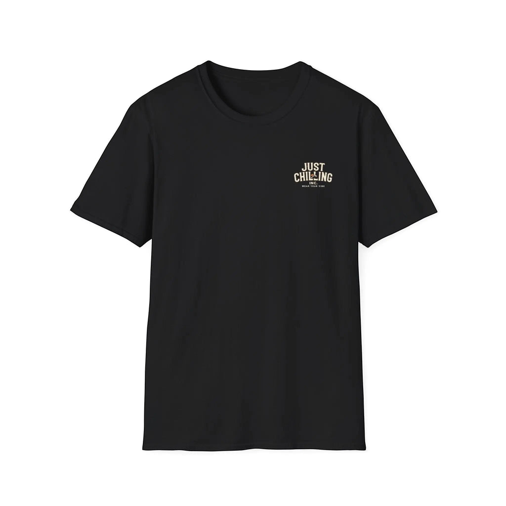 Just Chilling Shop black crewneck t-shirt with a small vintage-style graphic logo on the left chest