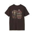 Just Chilling Shop brown cotton t-shirt featuring a floral elephant graphic and inspirational Joshua 1:9 text.