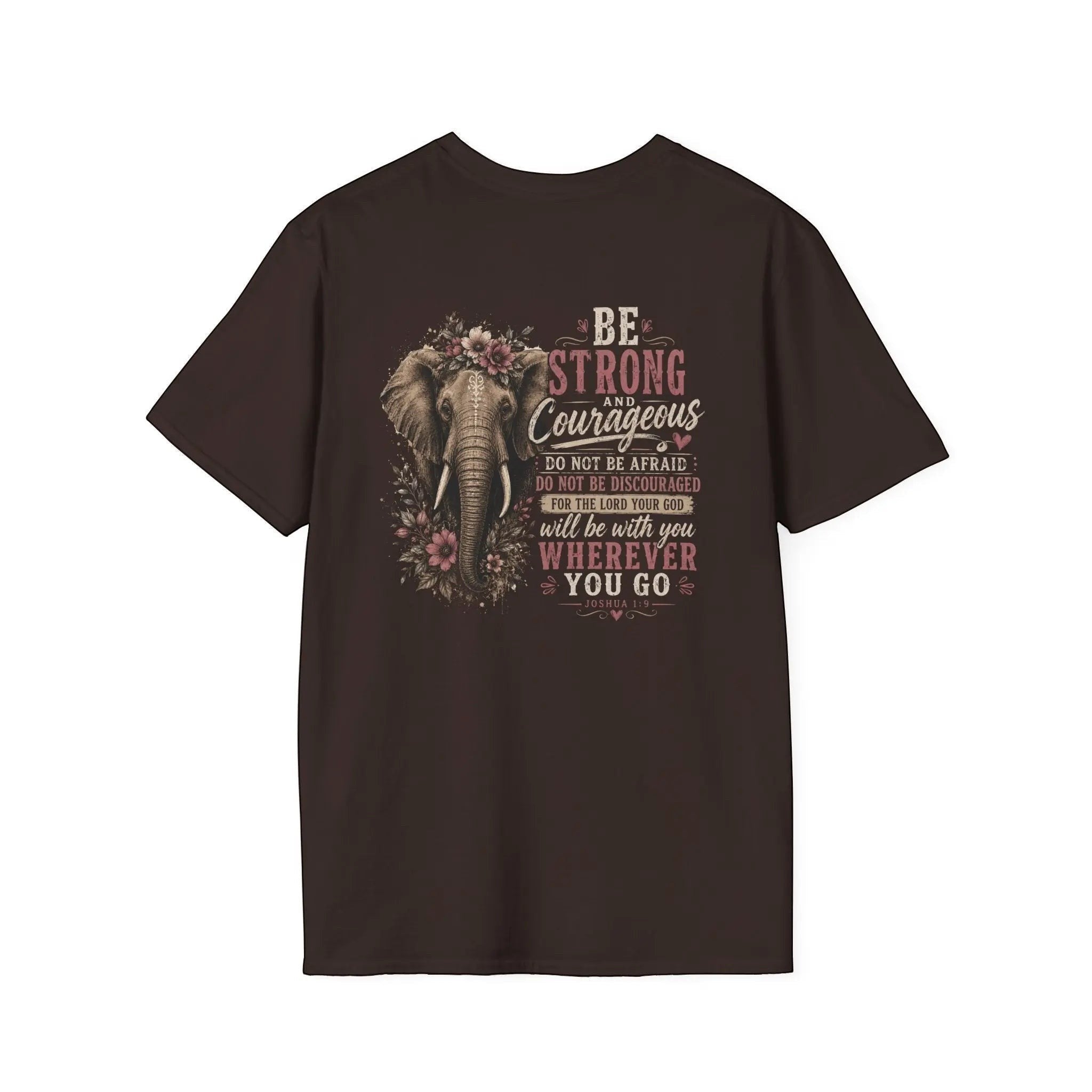 Just Chilling Shop brown cotton t-shirt featuring a floral elephant graphic and inspirational Joshua 1:9 text.