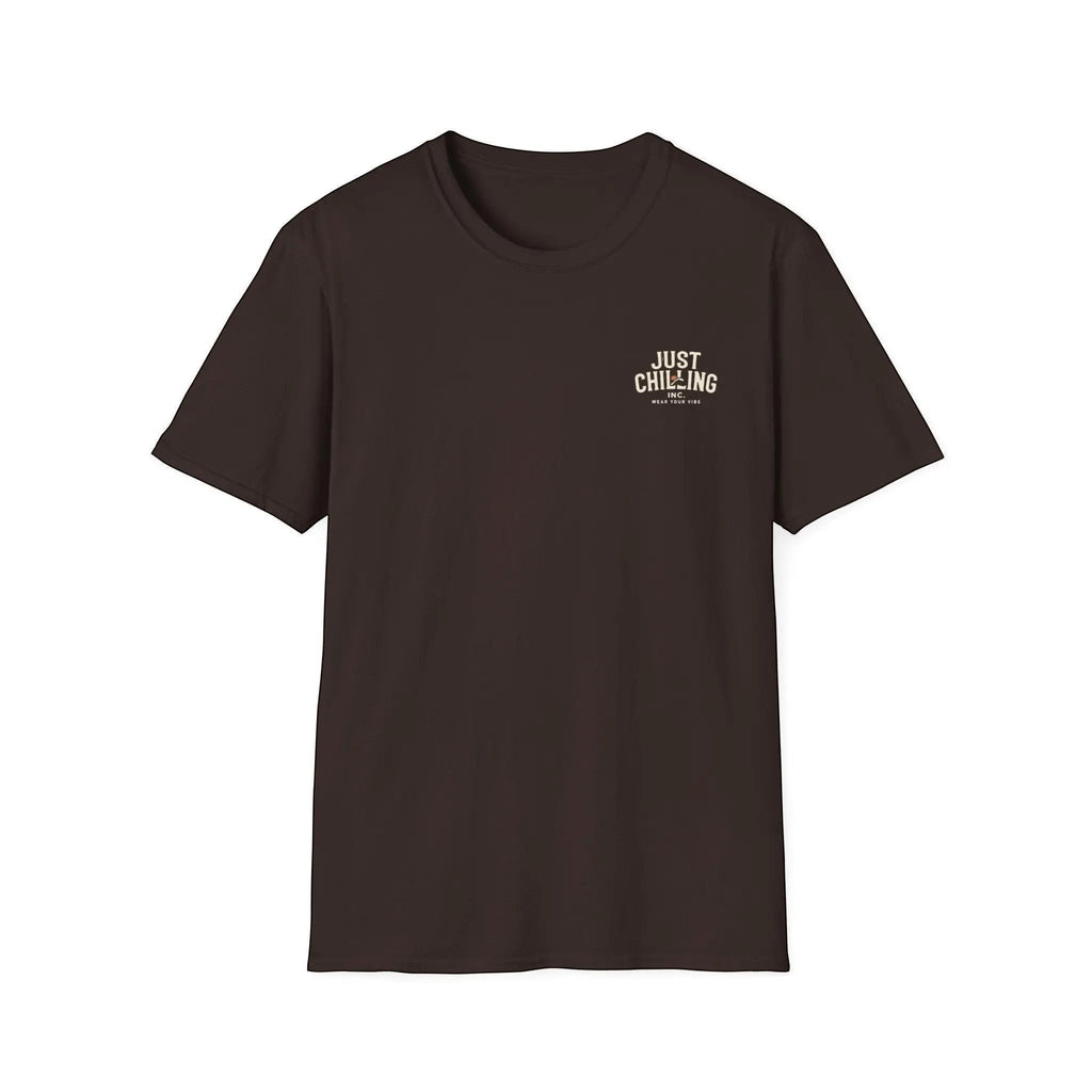 Just Chilling Shop dark brown crewneck t-shirt with a small white Just Chilling logo on the left chest