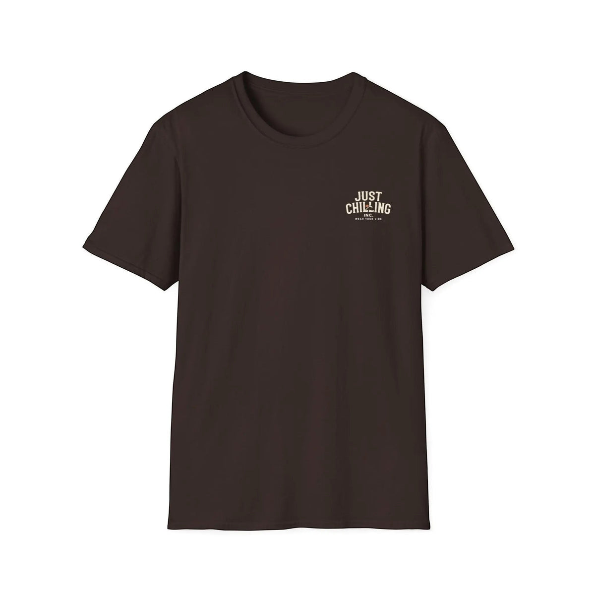 Just Chilling Shop dark brown crewneck t-shirt with a small white Just Chilling logo on the left chest