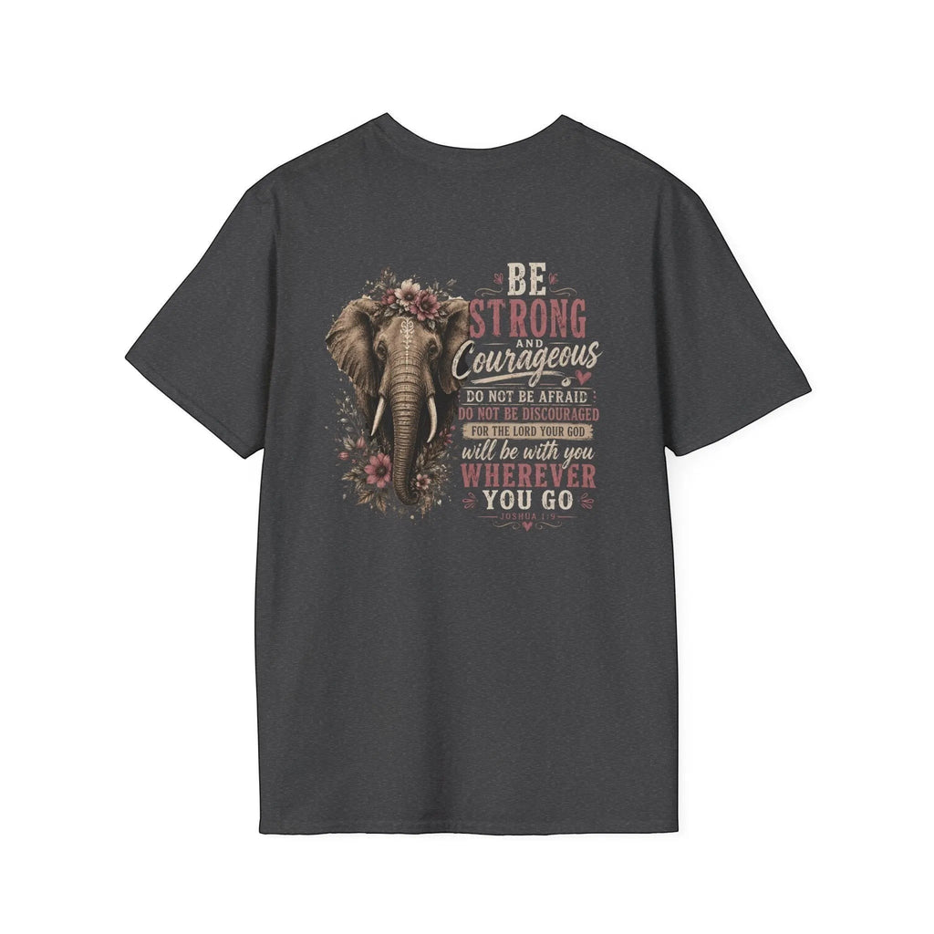 Just Chilling Shop charcoal grey cotton t-shirt featuring a floral elephant graphic and inspirational text