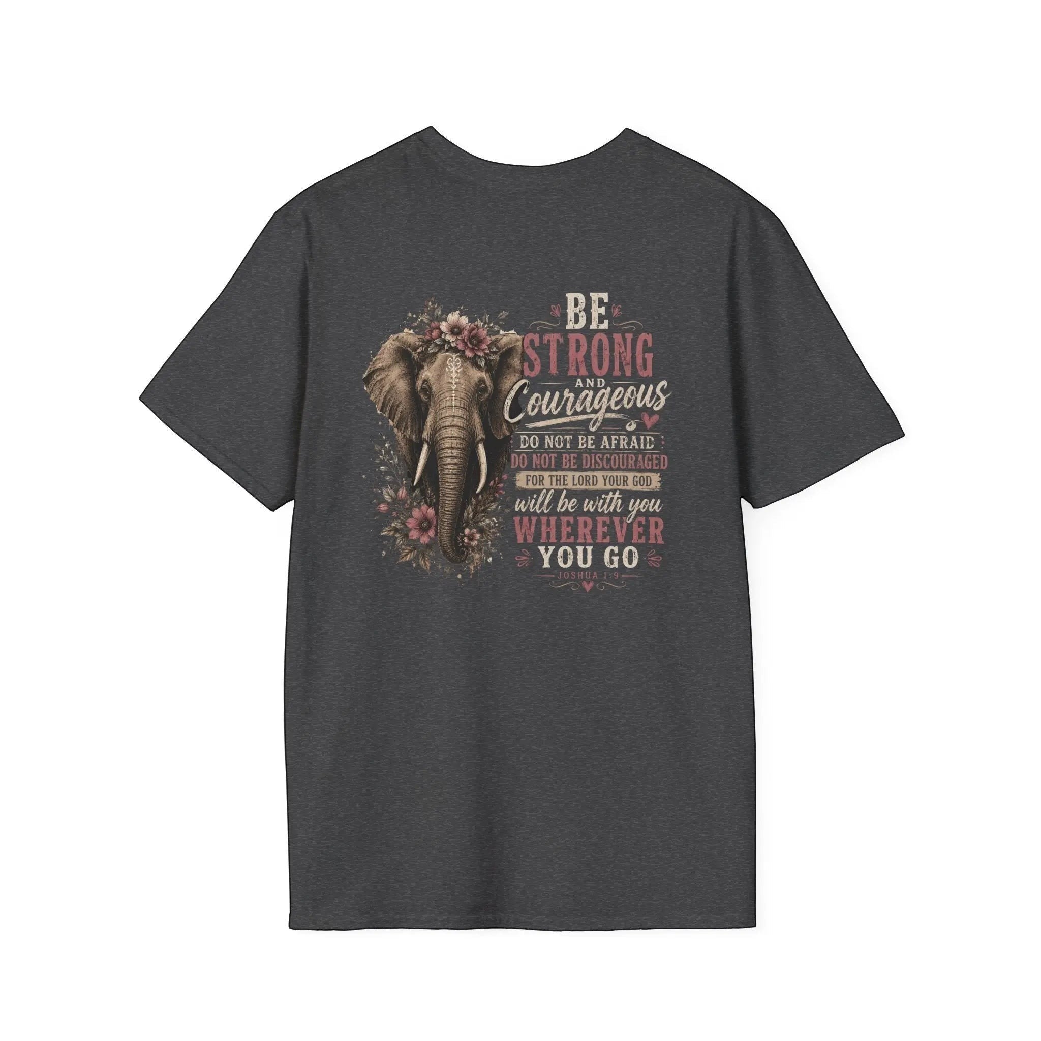 Just Chilling Shop charcoal grey cotton t-shirt featuring a floral elephant graphic and inspirational text