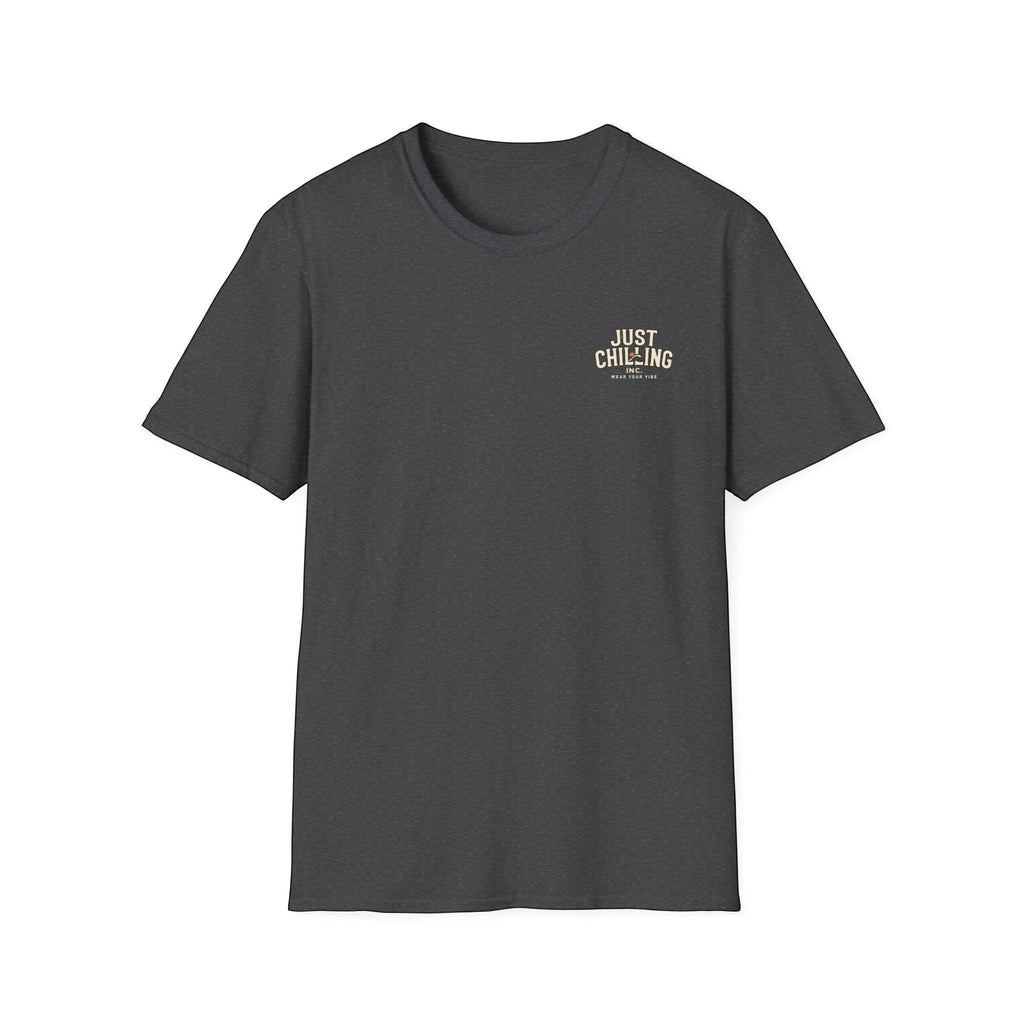 Just Chilling Shop charcoal grey ring-spun cotton crewneck t-shirt with a small Just Chilling logo on the chest.