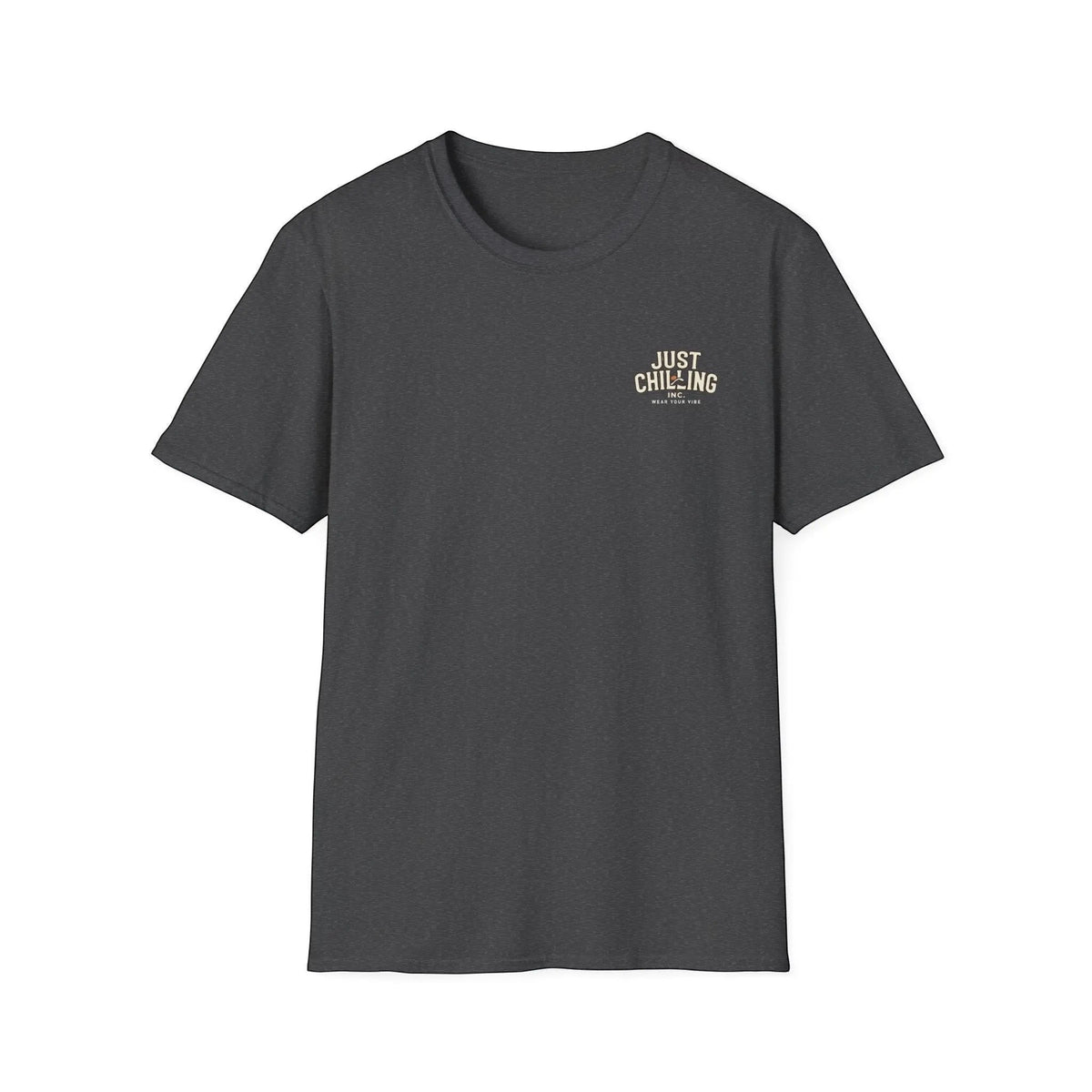 Just Chilling Shop charcoal grey ring-spun cotton crewneck t-shirt with a small Just Chilling logo on the chest.