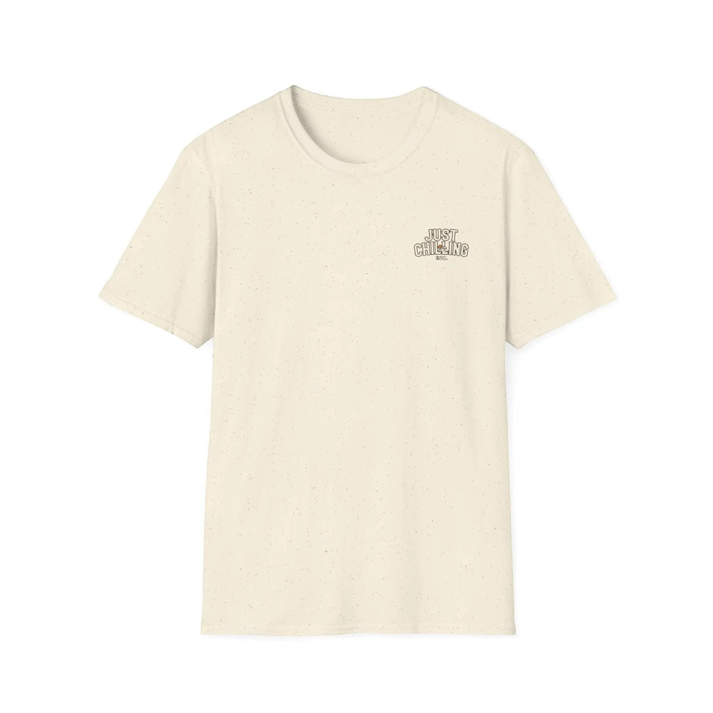 Just Chilling Shop cream-colored ring-spun cotton t-shirt with a small Just Chilling logo on the chest.