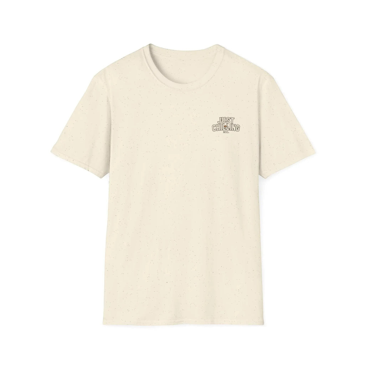 Just Chilling Shop cream-colored ring-spun cotton t-shirt with a small Just Chilling logo on the chest.