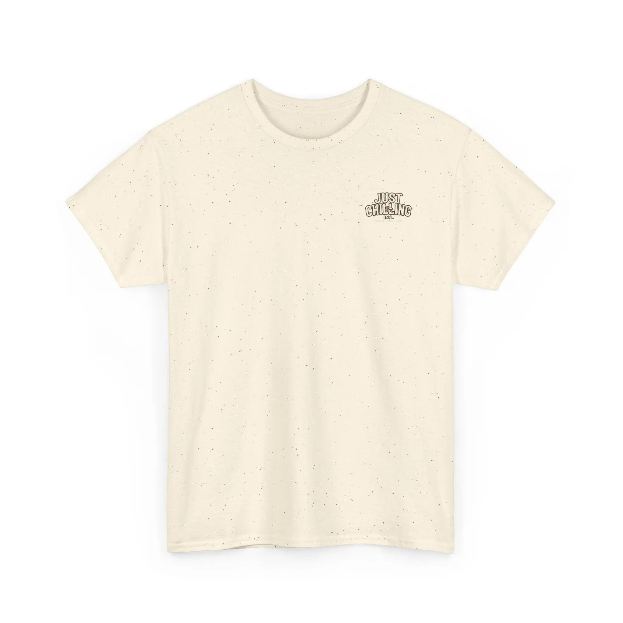 Just Chilling Shop cream speckled cotton crew neck t-shirt with small black chest logo