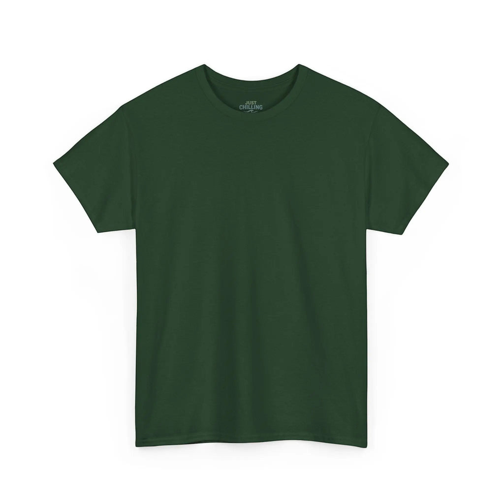 Just Chilling Shop dark green cotton t-shirt with a clean, minimalist front view and ribbed crew neck collar.