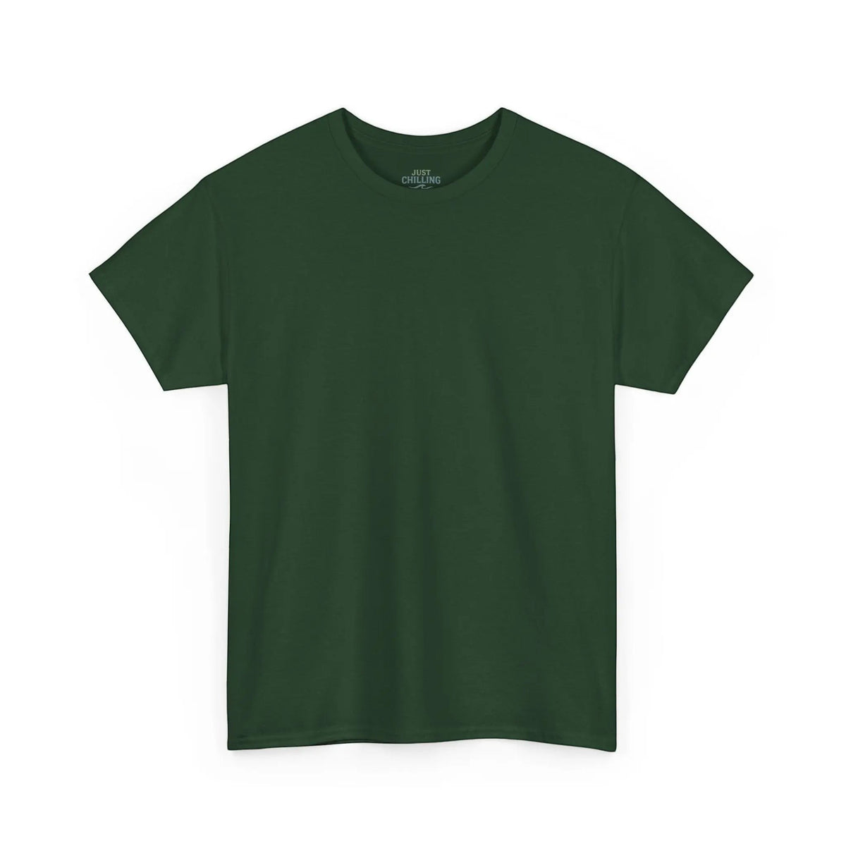 Just Chilling Shop dark green cotton t-shirt with a clean, minimalist front view and ribbed crew neck collar.