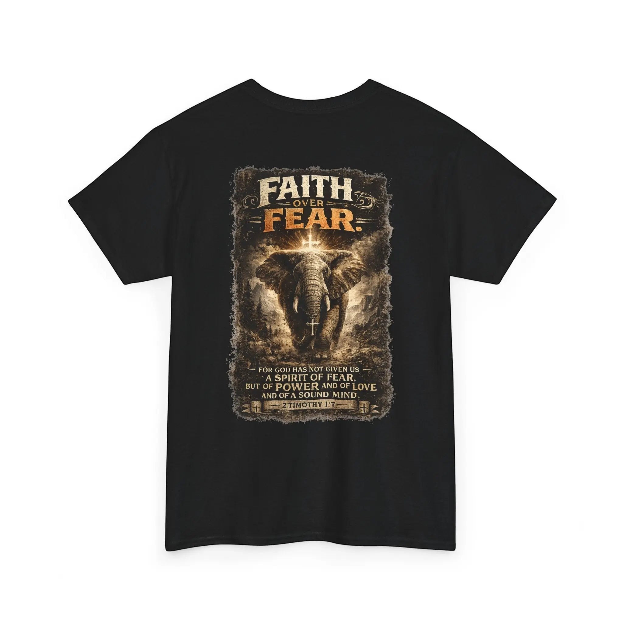 Just Chilling Shop black cotton t-shirt featuring a back graphic of an elephant and Faith Over Fear text.