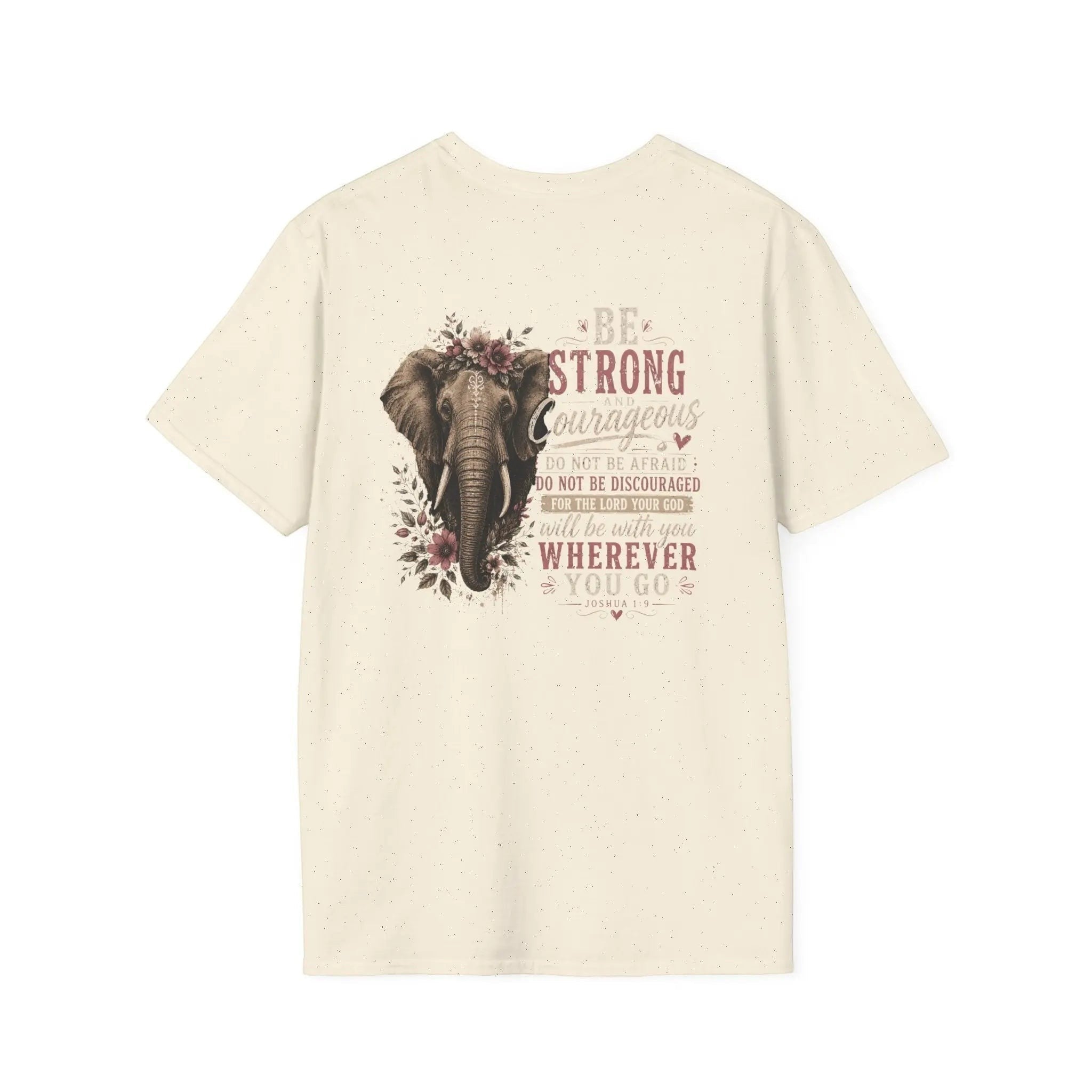 Just Chilling Shop cream cotton t-shirt featuring a floral elephant graphic and inspirational Joshua 1:9 text.