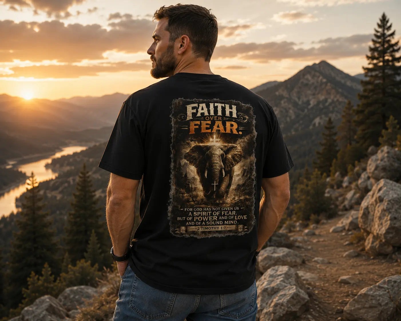 Man wearing a Just Chilling Shop black cotton t-shirt with a Faith Over Fear elephant graphic print on the back.