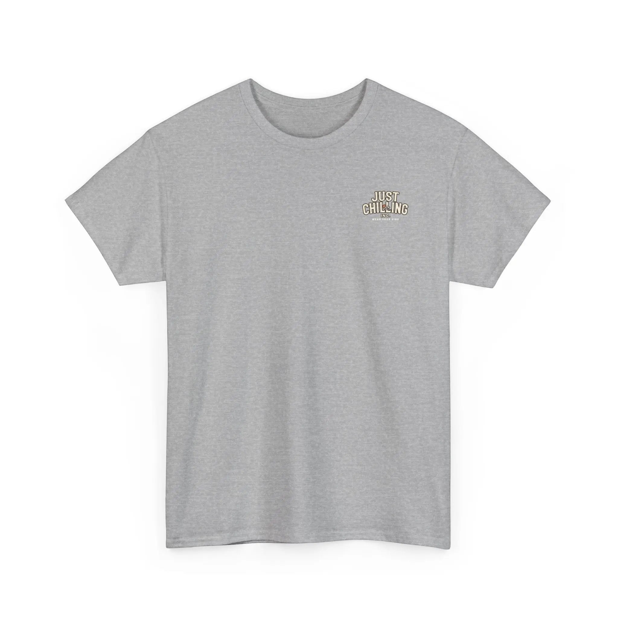 Just Chilling Shop grey cotton crew neck t-shirt with a small chest logo, featuring a relaxed unisex fit.