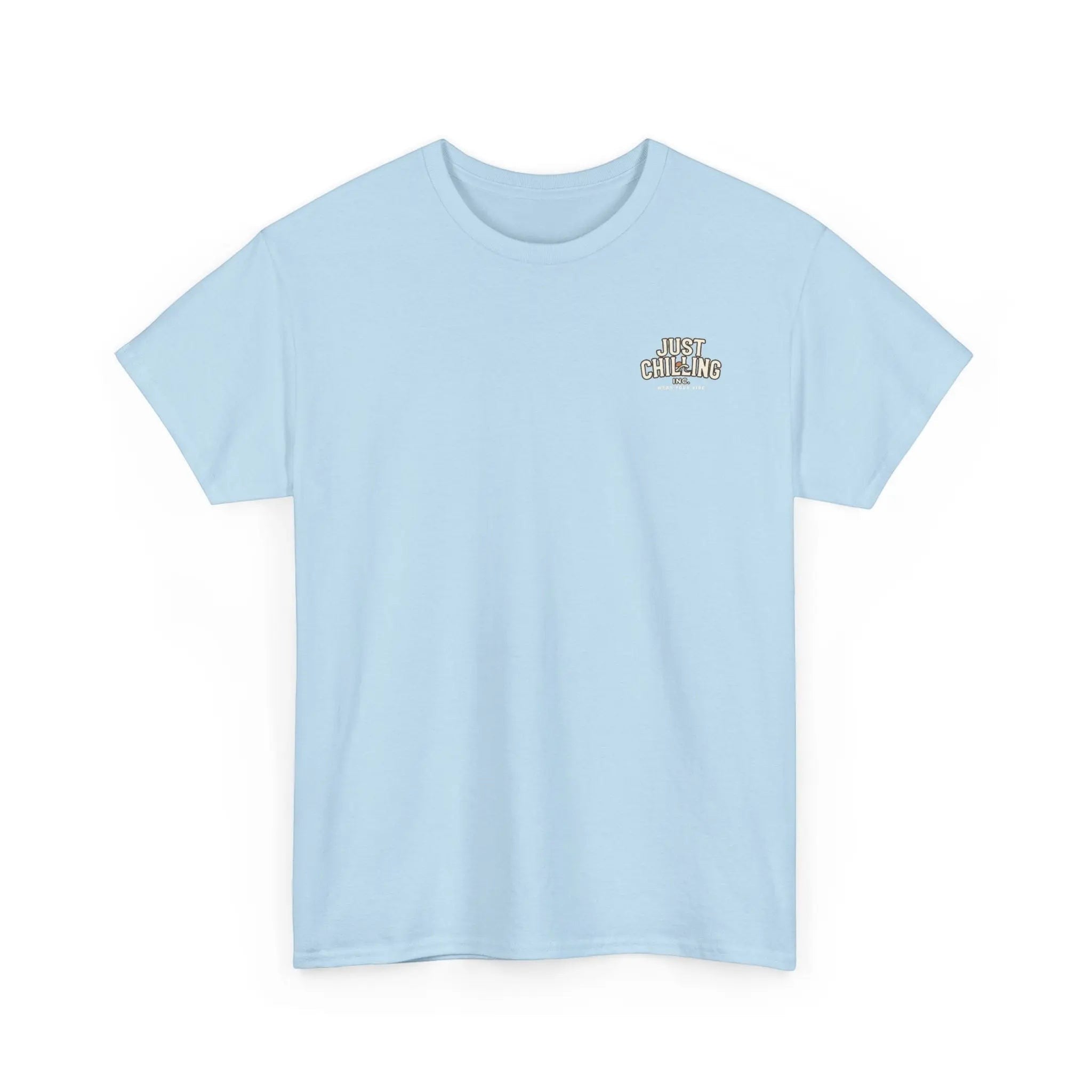 Just Chilling Shop light blue cotton crew neck t-shirt with a small chest logo graphic on a plain white background.