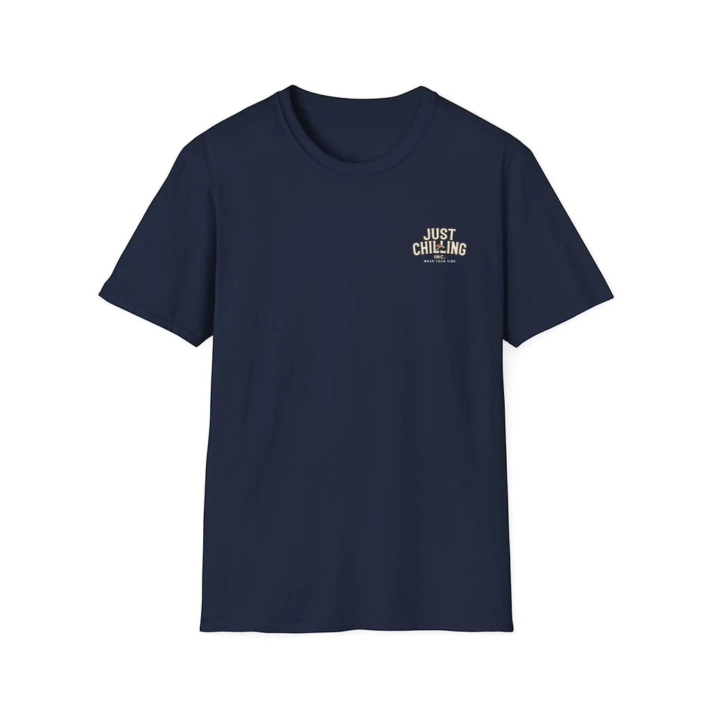 Just Chilling Shop navy blue ring-spun cotton crewneck t-shirt with a small chest logo graphic.