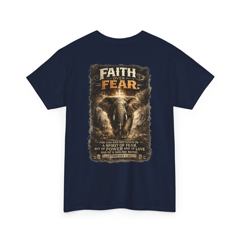 Just Chilling Shop navy cotton t-shirt featuring a back graphic of an elephant with Faith Over Fear text