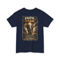 Just Chilling Shop navy cotton t-shirt featuring a back graphic of an elephant with Faith Over Fear text