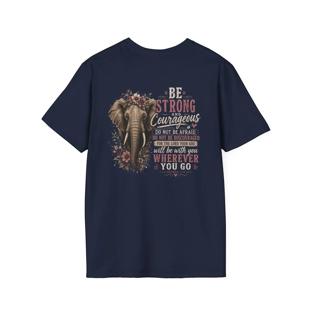Just Chilling Shop navy blue cotton t-shirt featuring an elephant graphic with floral accents and inspirational text