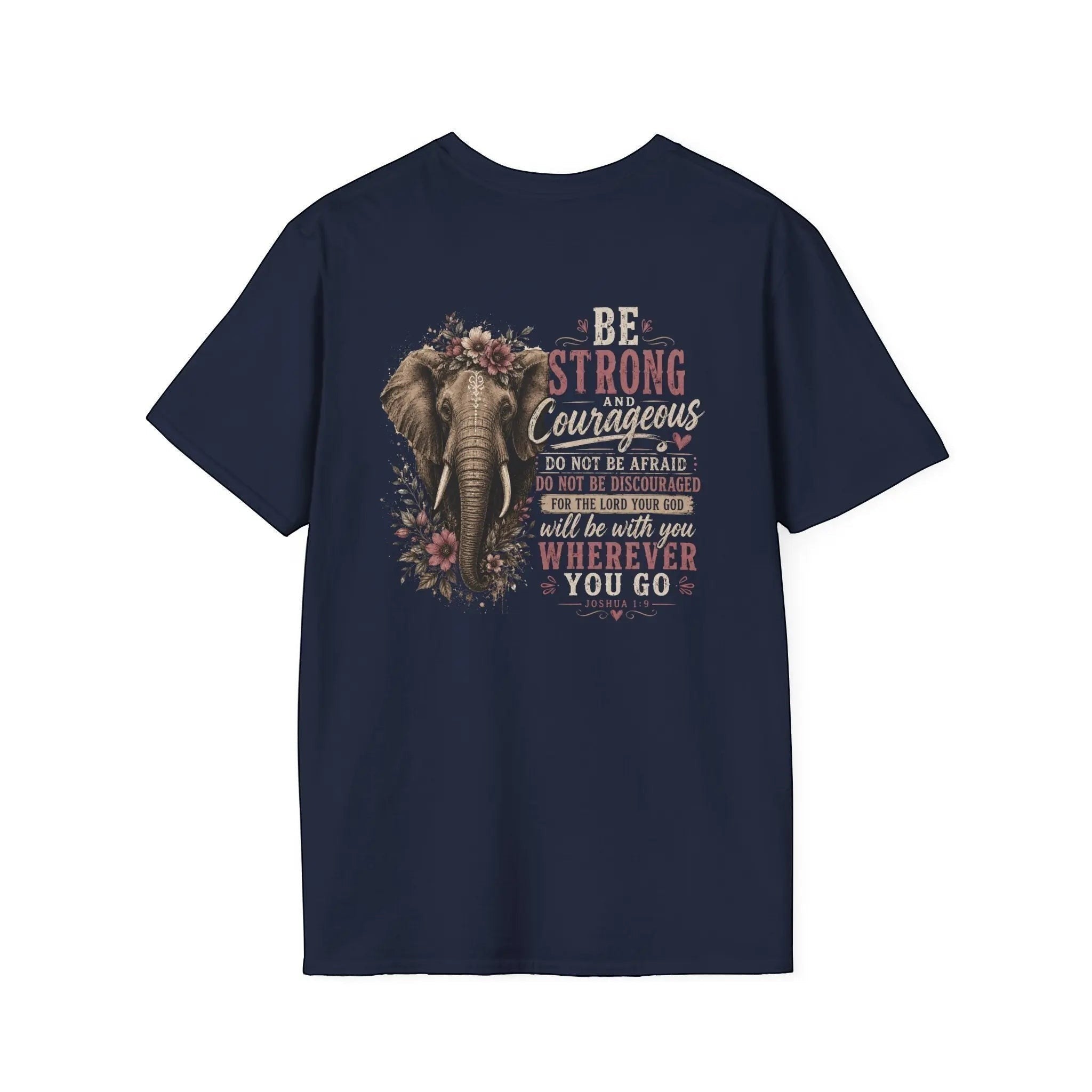 Just Chilling Shop navy blue cotton t-shirt featuring an elephant graphic with floral accents and inspirational text