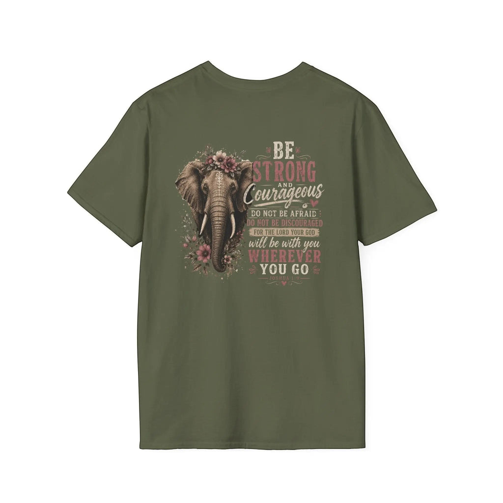 Just Chilling Shop olive green cotton t-shirt featuring a floral elephant graphic and inspirational typography on back