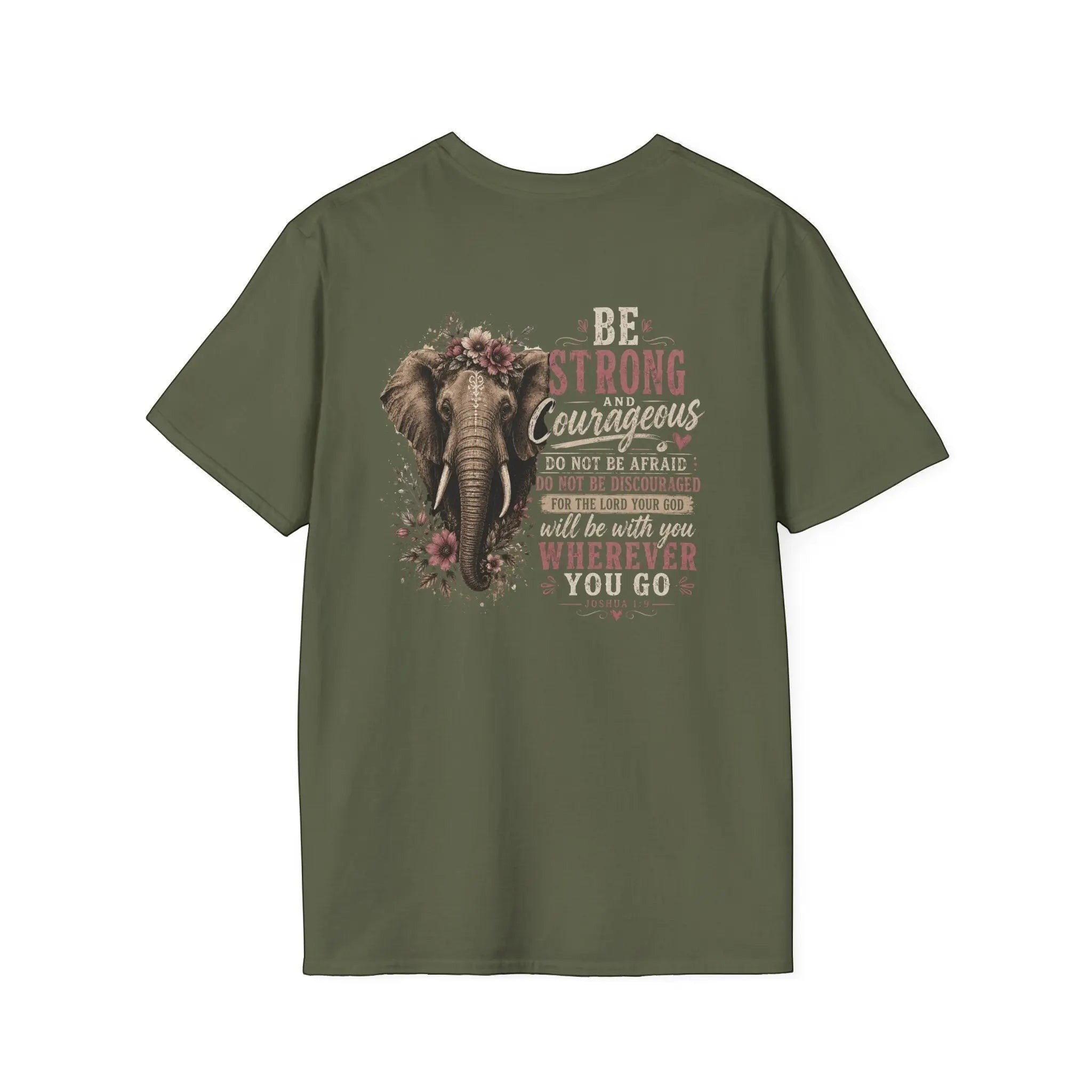 Just Chilling Shop olive green cotton t-shirt featuring a floral elephant graphic and inspirational typography on back