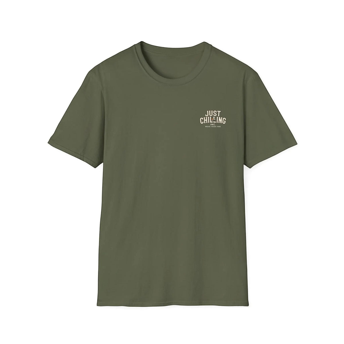 Just Chilling Shop olive green ring-spun cotton crewneck t-shirt with small chest logo