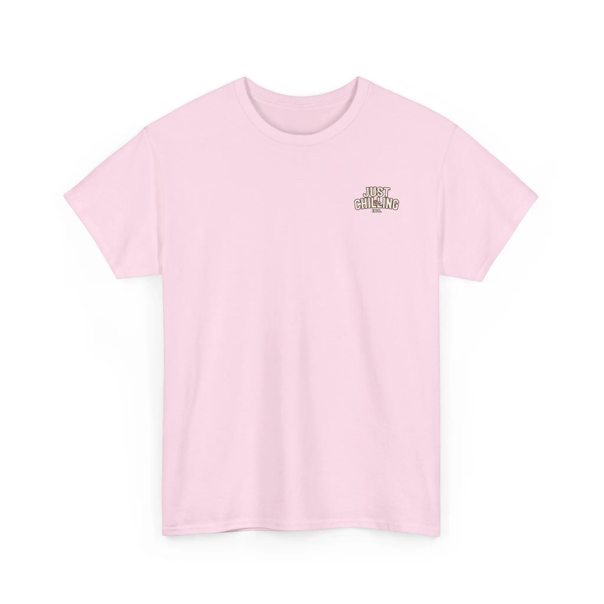Just Chilling Shop light pink cotton crew neck t-shirt with a small chest logo graphic