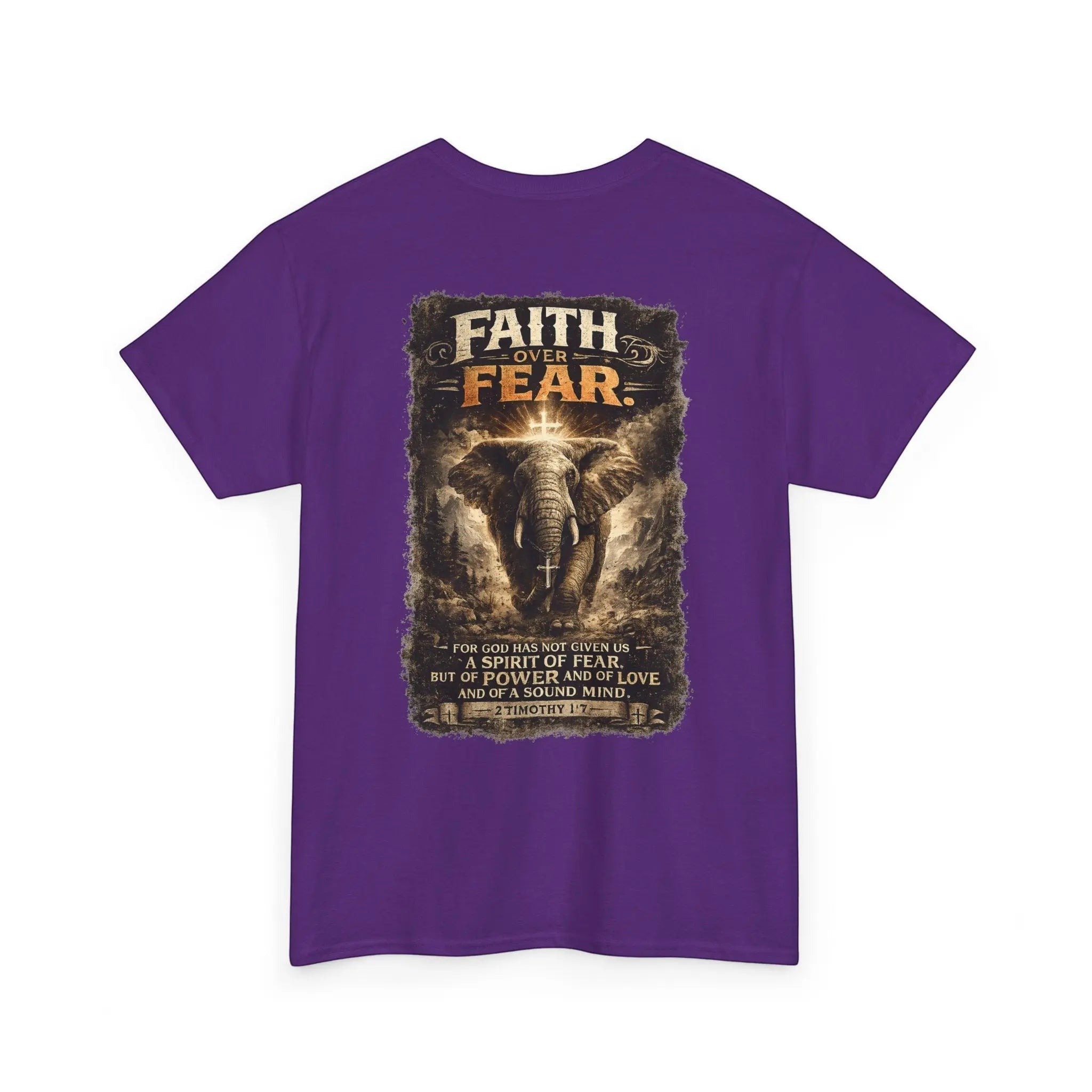 Just Chilling Shop purple cotton t-shirt with a back graphic of an elephant and Faith Over Fear text.