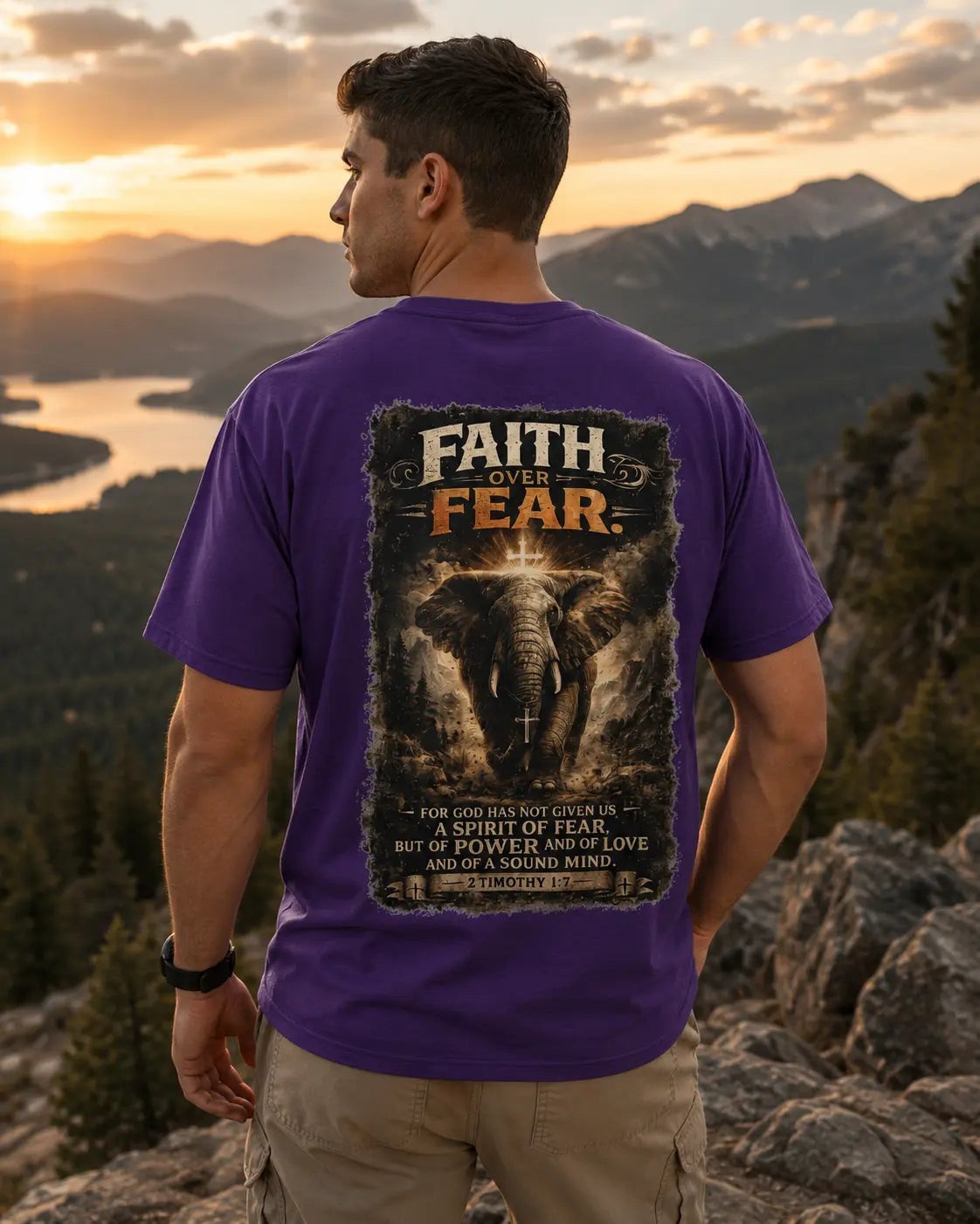 Just Chilling Shop purple cotton t-shirt with a back graphic of an elephant and Faith Over Fear text on a man