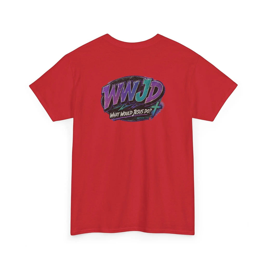 Camiseta roja de algodón Just Chilling Shop con gráfico retro 90s WWJD en la espalda en púrpura y turquesa.