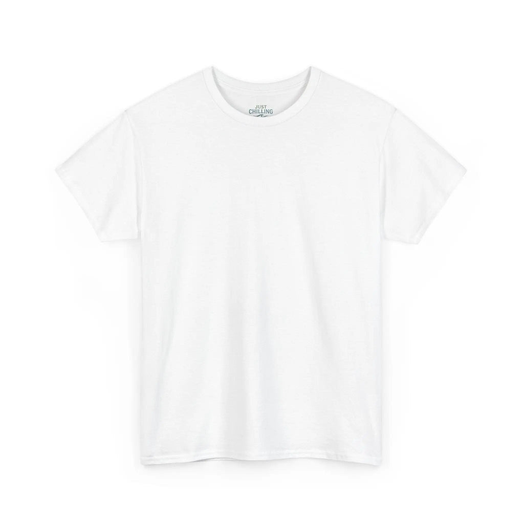 Just Chilling Shop white cotton t-shirt with a clean, relaxed fit and ribbed collar