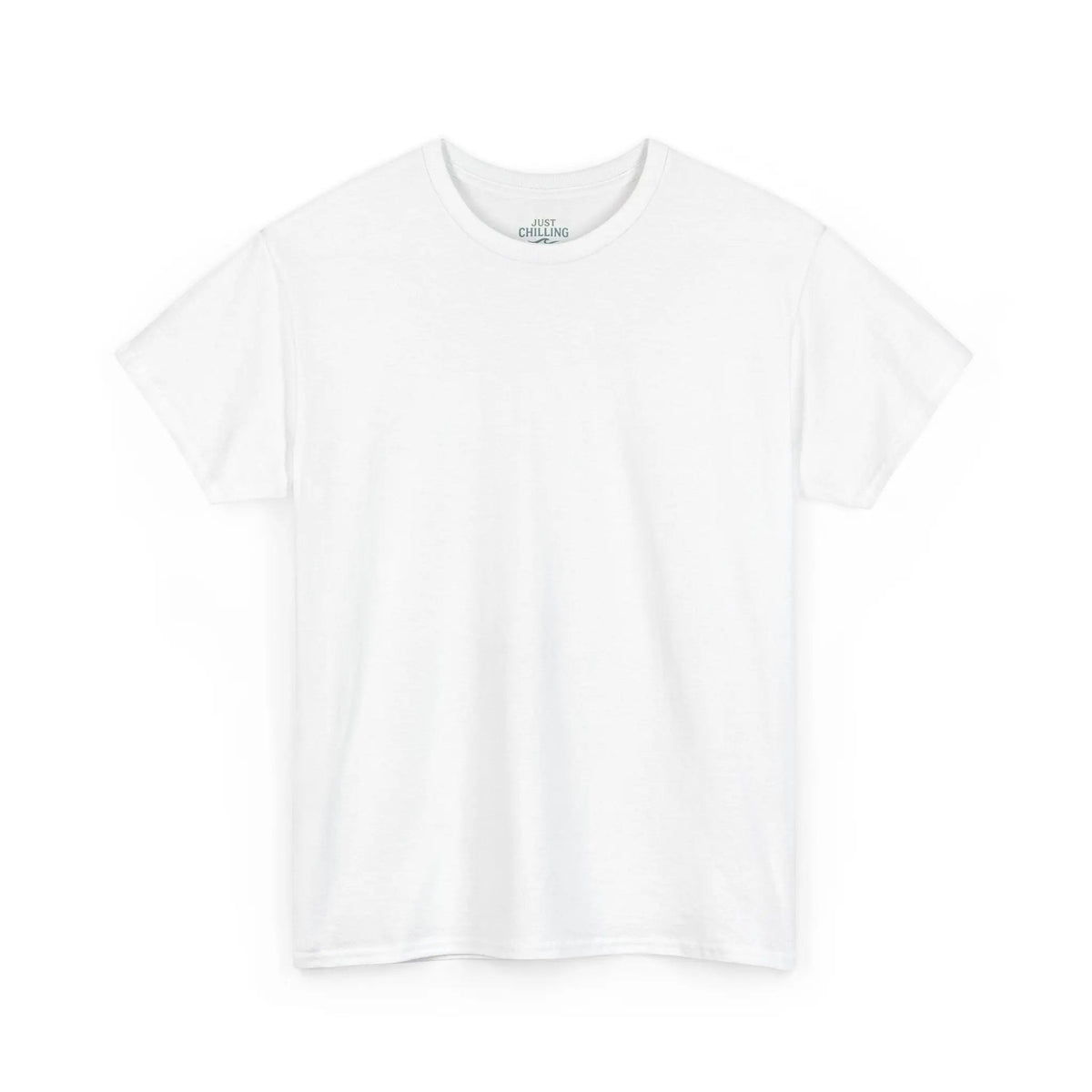 Just Chilling Shop white cotton t-shirt with a clean, relaxed fit and ribbed collar
