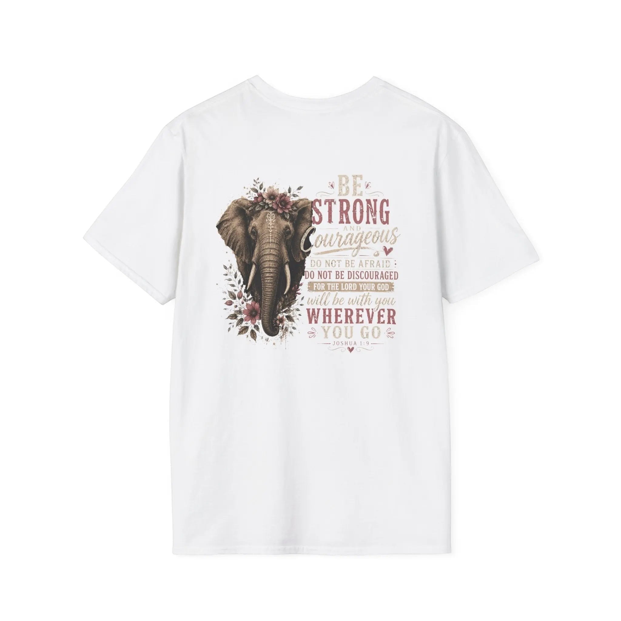 Just Chilling Shop white cotton t-shirt featuring a floral elephant graphic and inspirational text on the back